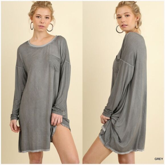 Mineral Washed Long Sleeve Dress w/ pocket - Picture 1 of 6